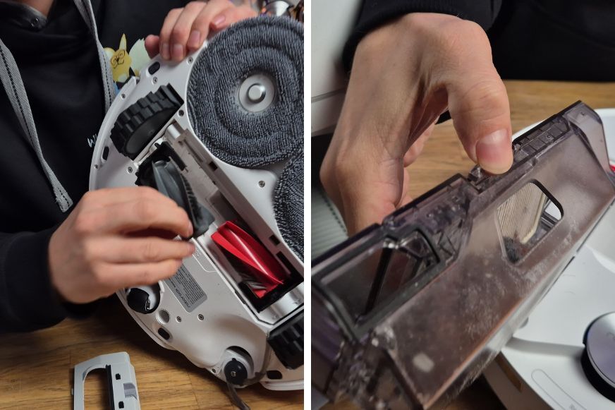 Der Staubbehälter und Hauptbürsten des Roborock Qrevo Curv 2 Pro lassen sich einfach reinigen, entnehmen oder austauschen.